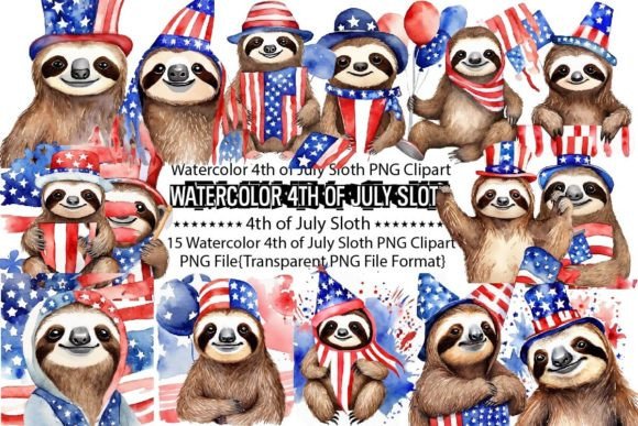 Download Watercolor 4th of July Sloth Sublimation - Sublimation Collection